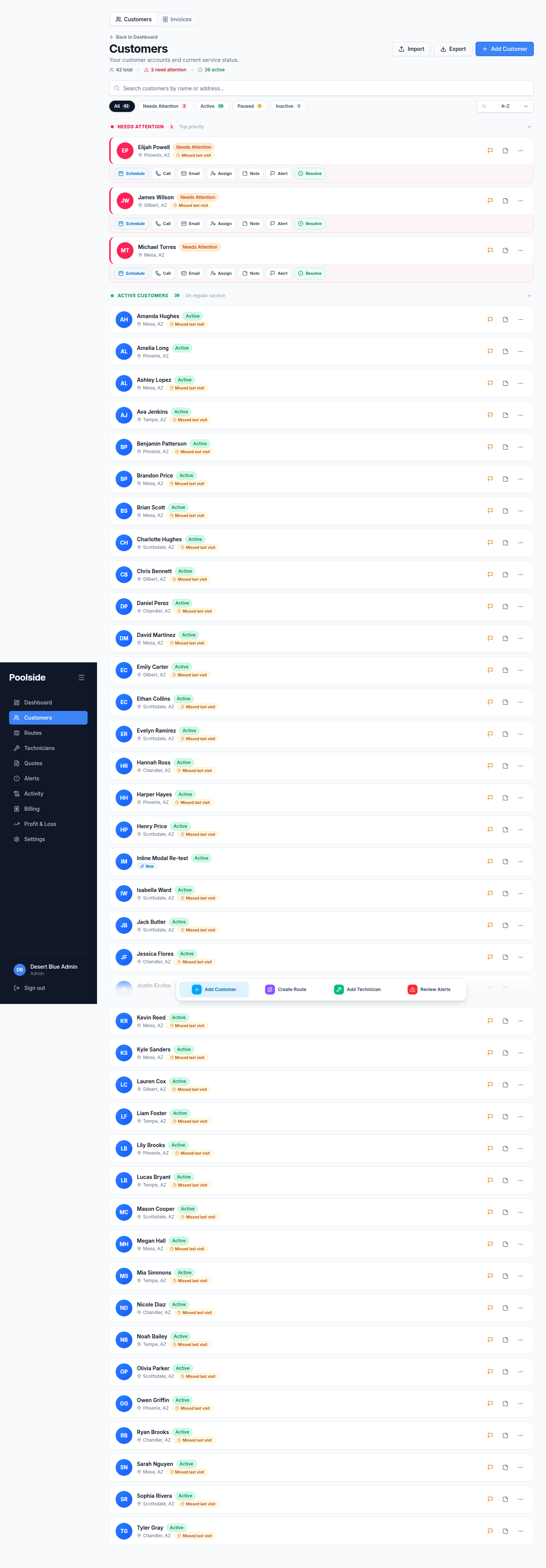 Poolside customers list with active customers, balances, and needs-attention flags