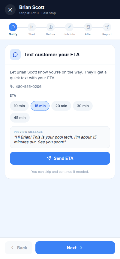 Poolside technician app guided service step asking to text the customer an ETA