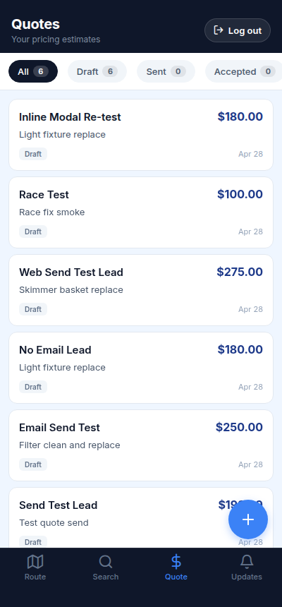Poolside technician app quotes list with pricing estimates